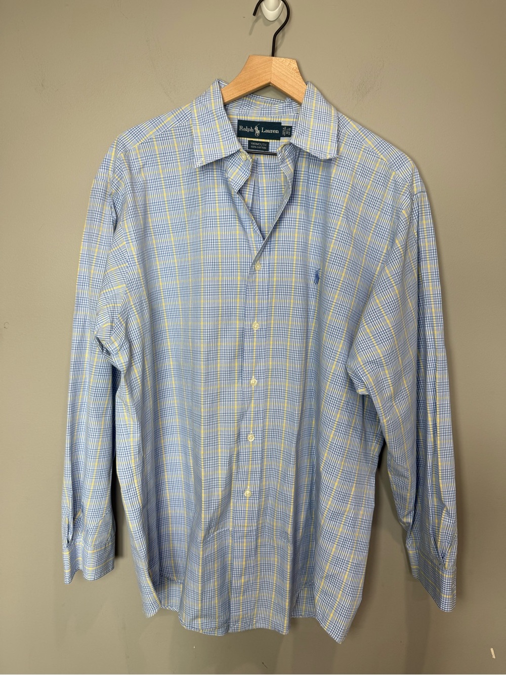 Ralph Lauren Yarmouth Blue Yellow Plaid Button Down Shirt 16 34/35 XL Cotton